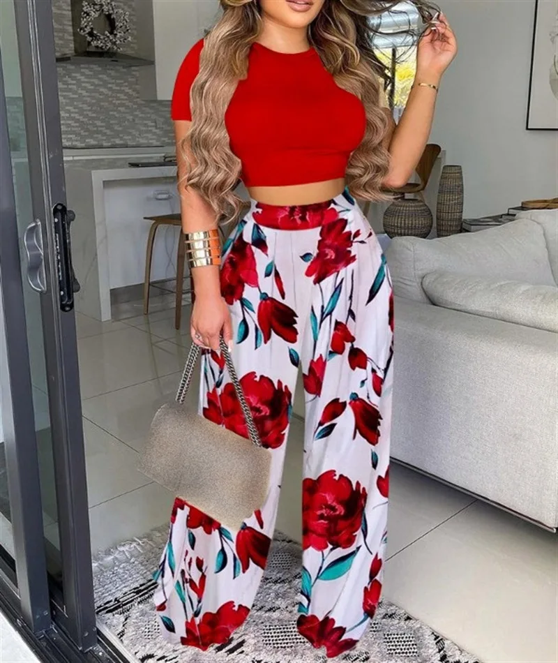 Women's set 2024 summer new product women's round neck pullover two-piece set urban casual printed elastic pants for children