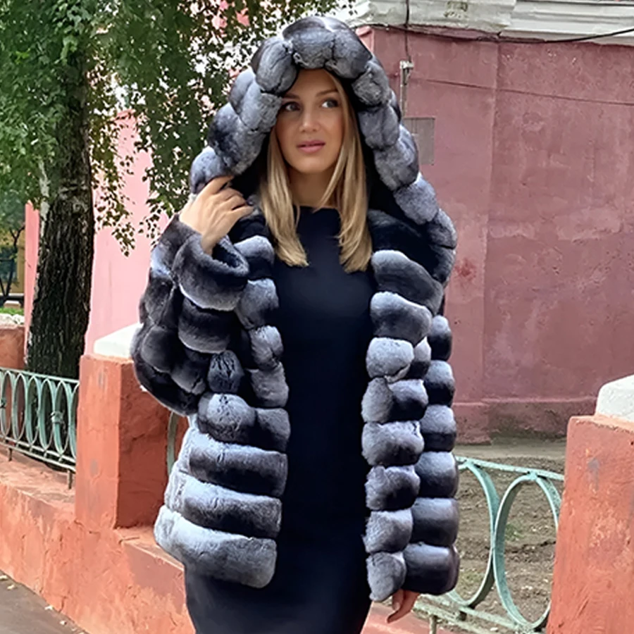 Real Fur Jackets For Women Chinchilla Rex Rabbit Fur Coat With Hood Winter Clothes Woman Luxury Natural Rabbit Fur Coat