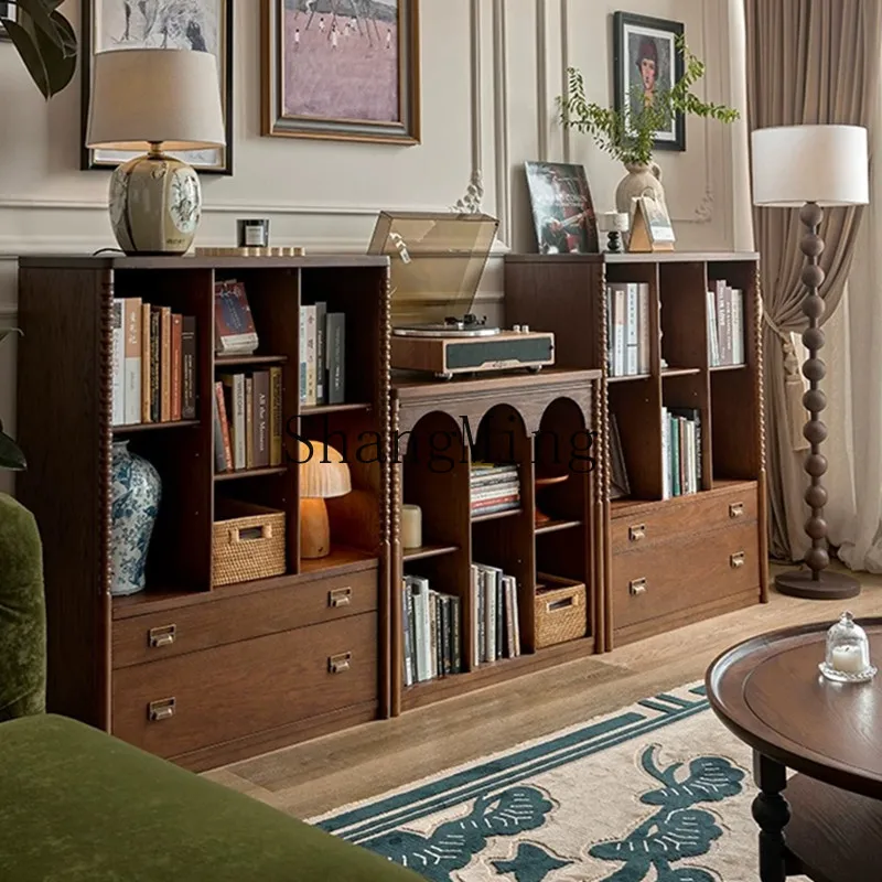 

SM retro solid wood bookcase module combination low cabinet bookshelf half wall storage floor storage cabinet