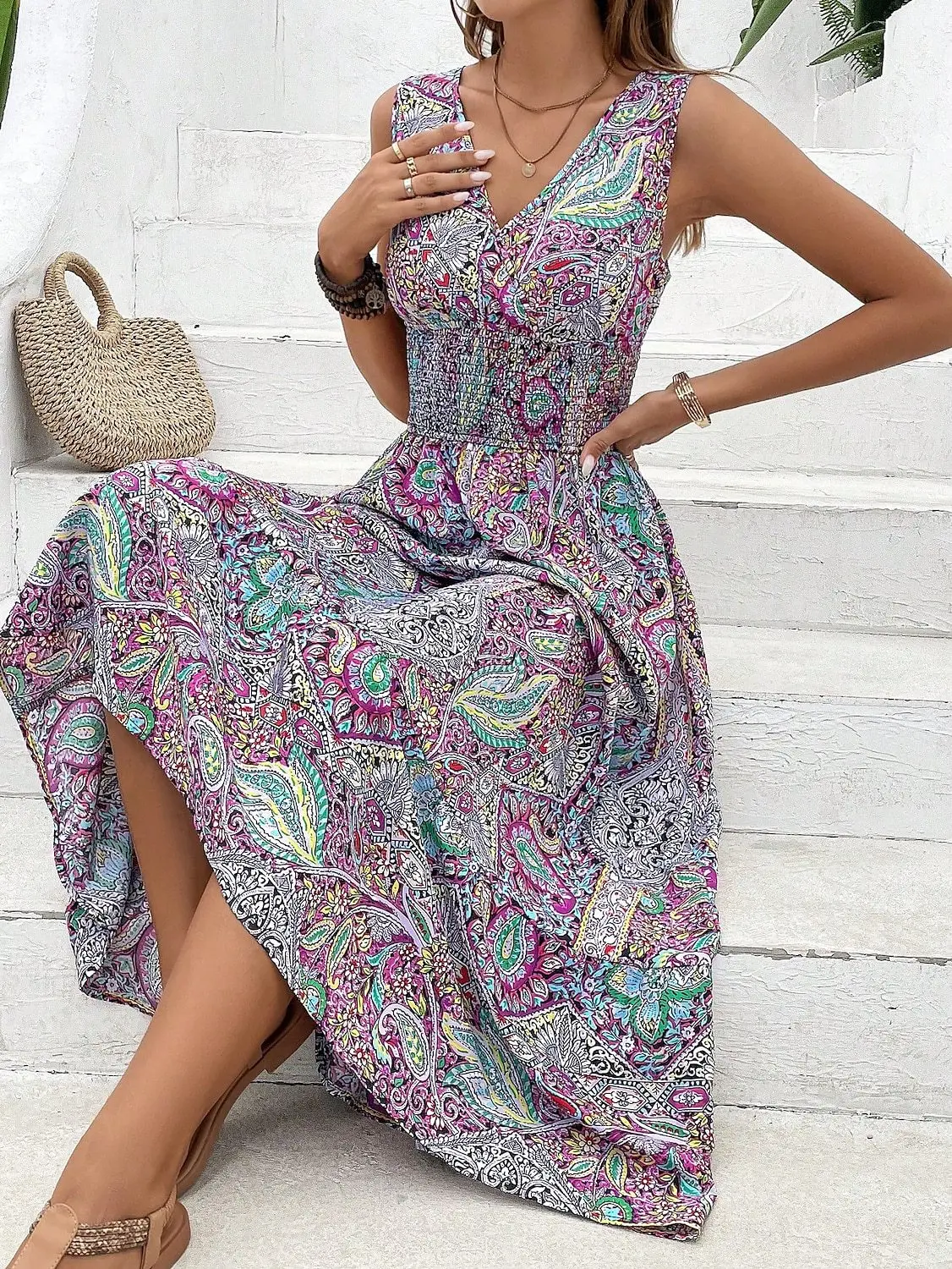 

SKMY Printed V-Neck Fashionable High Waisted Long Dress Beach Vacation Clothes