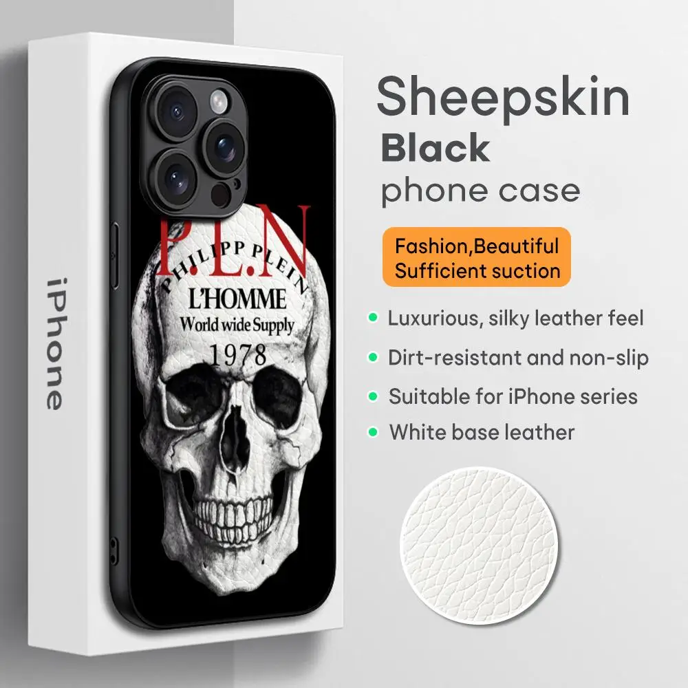 H-Horror S-Skull QP Phone Case For iPhone 16 15 14 13 12 11 Plus Pro Max High-end Luxury Black hard case Sheepskin