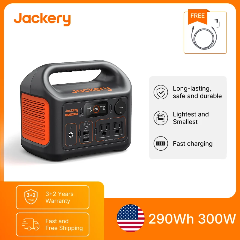 Jackery Portable Power Station Explorer 300New with 5M Extension Cord, Solar Generator for Outdoors Camping,Travel