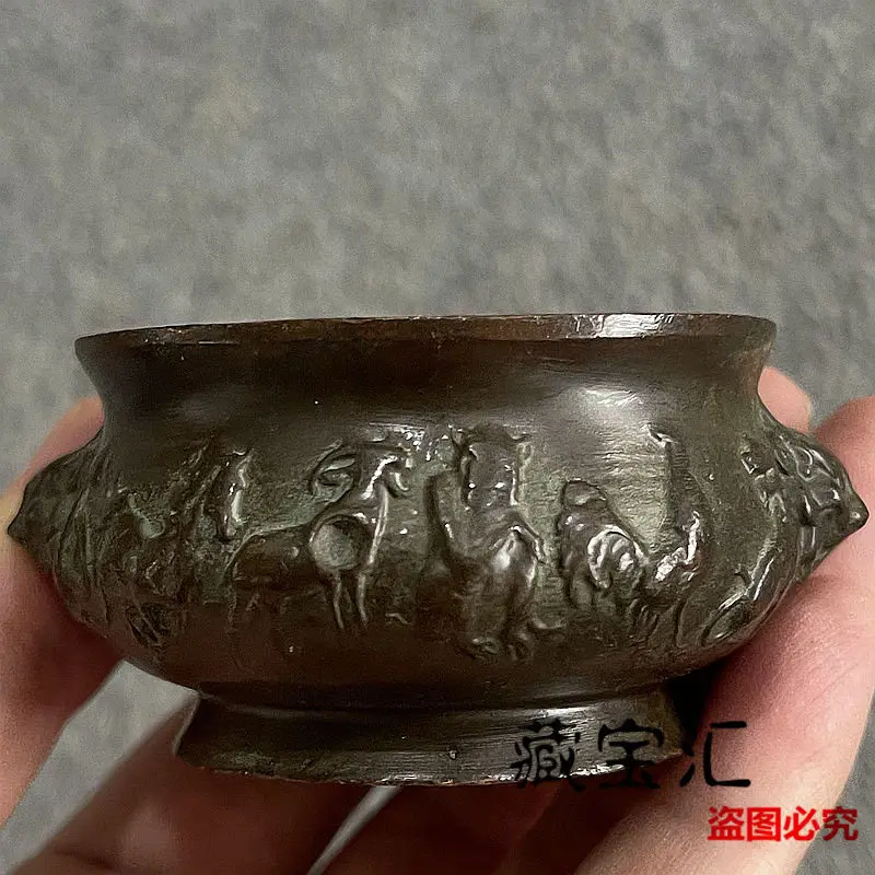 Antique Heirloom Qianlong Year 12 Chinese Zodiac Double Lion Small Copper Censer Statue Ornament