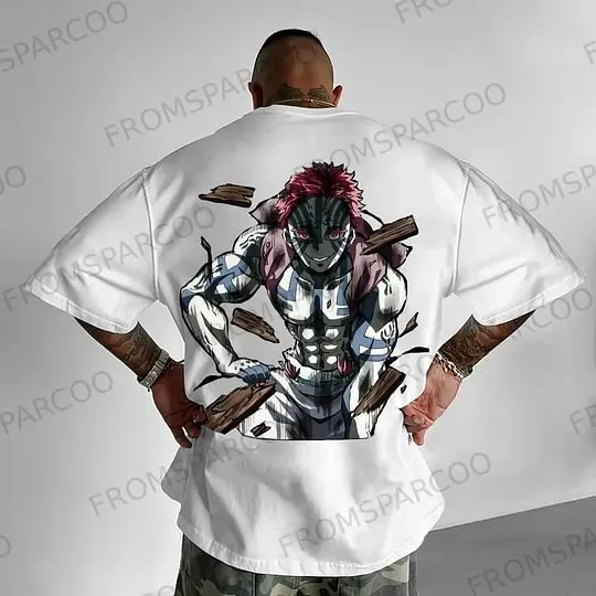 Demon Slayer T Shirt Black Cotton Short Sleeve Tops Uzui Tengen Back Print Pink Hair White Skin Design for Men 2025 Summer