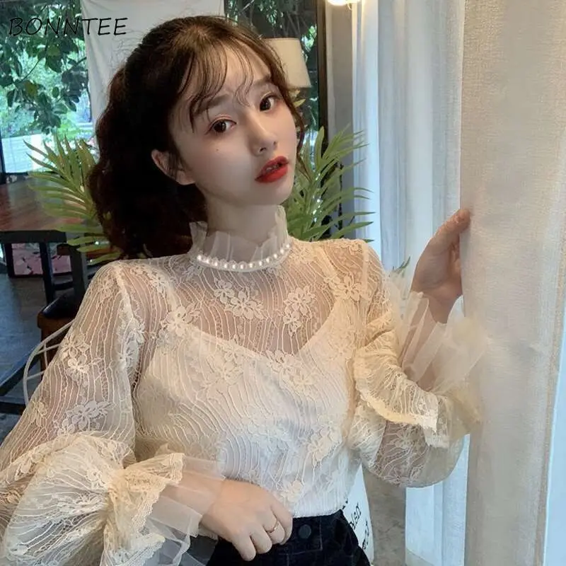 

Blouses Women Tender Lady Clothes Elegant Vintage Sexy Summer 2021 Hollow Out Daily Solid Ins Stand Collar Retro Classic Chic