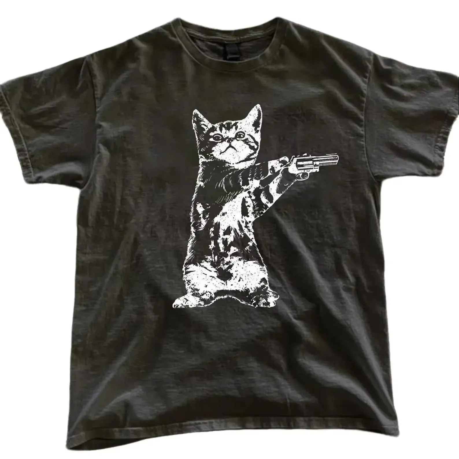 Cat With Gun T Shirt Men Funny Kitten Graphic Print Short Sleeve Tee Polyester Casual Streetwear Oversized Tops