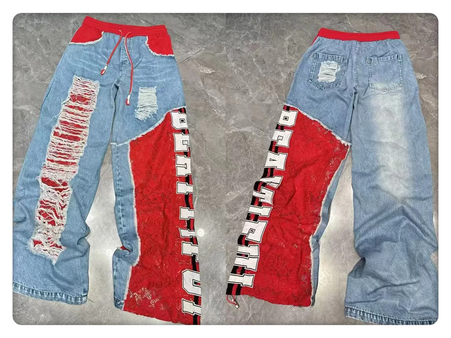 European Jeans Women's 2025 Summer New Heavy Industry Lace Letter Printing Loose Trousers High Street High Waisted Jeans