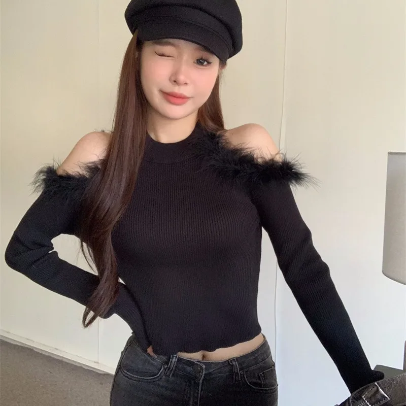 Plush strapless Women's knitted sweater Frenulum Long sleeved T-shirt jacket Fashion trends Knitwear Slim fit top black