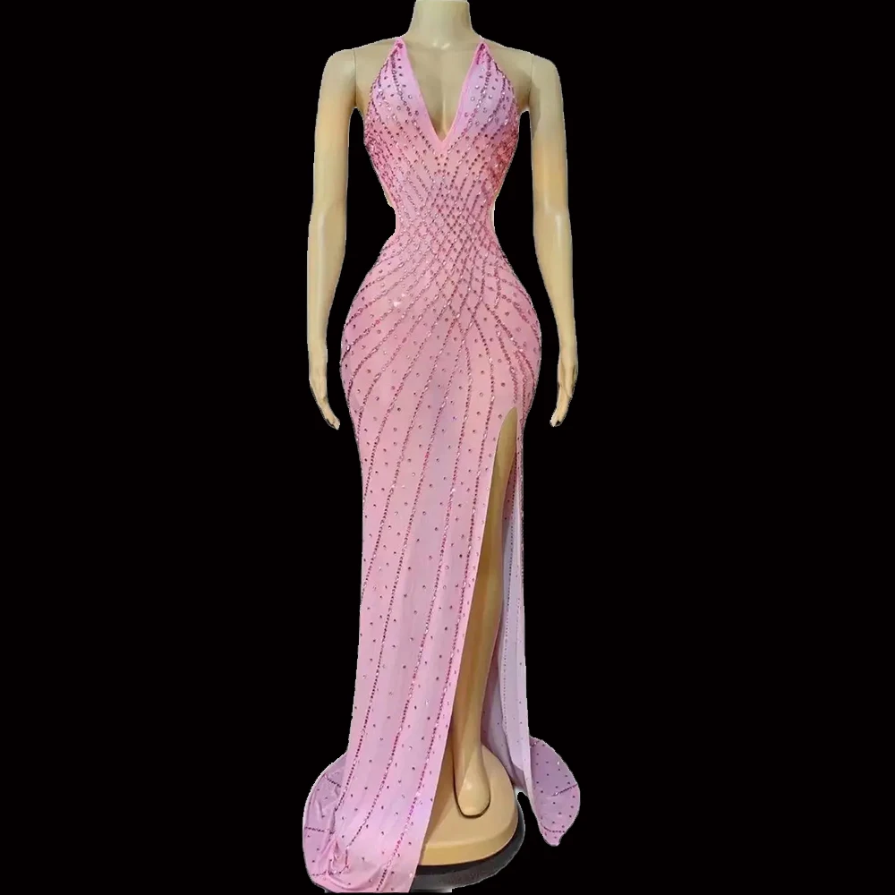 Sexy Roze Sprankelende Strass Halter Mesh Transparante Jurk Verjaardag Vieren Avondjurk Jurk Vrouwen Split Backless Stage Dres