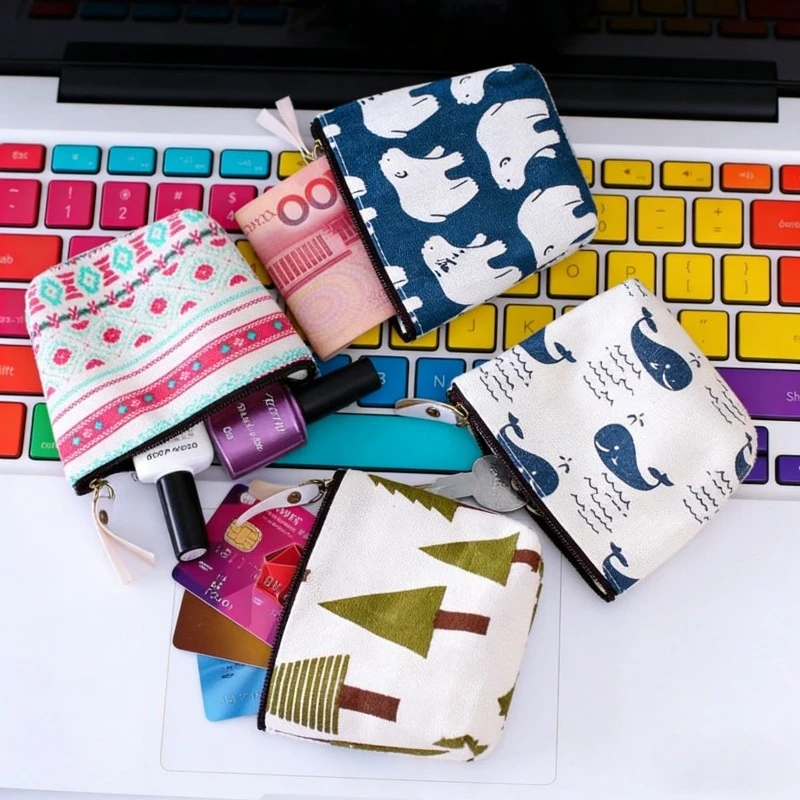 

Хлопковый мини-кошелек для монет, мультяшный холщовый органайзер для ключей, ID-карт и кредитных карт, чехол-футляр на молнии для наушников и кабелей