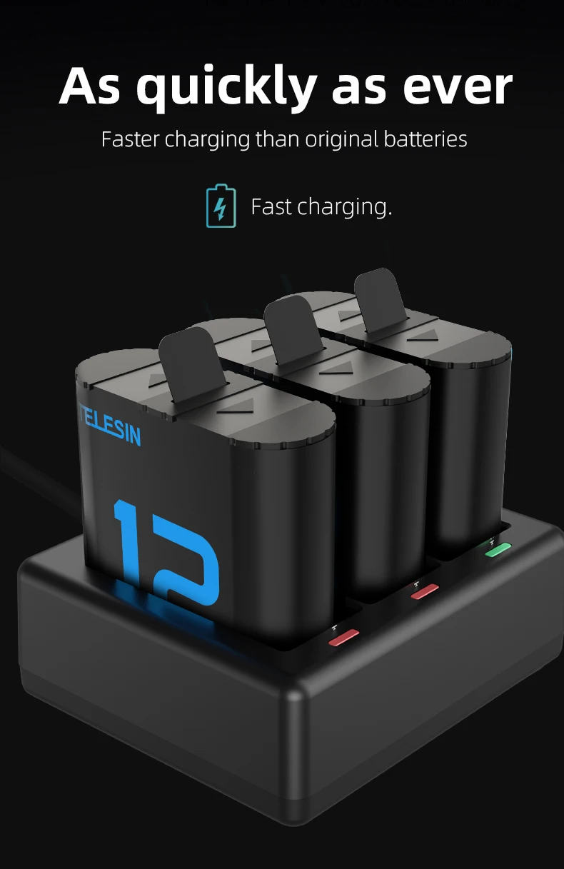 TELESIN 1750 mAh Akku für GoPro Hero 9 10 11 12 Akku 3 Slot Silikon Anti-Fall wasserdichte Ladebox mit TF-Kartenleser – Detail 14