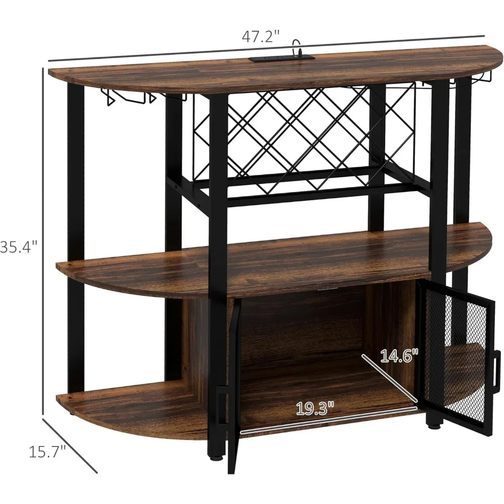 Industrial-Style Liquor Cabinet with Charging Station, LED Lights, and 10-Bottle Wine Rack for Home Bar Stand