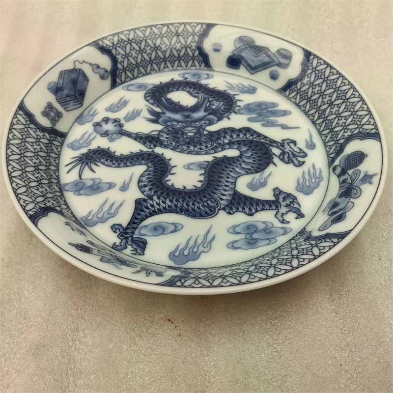 Chinese Old Porcelain Shallow Dish with Blue White Dragon Pattern Traditional Decorative Kitchenware for Serving Food