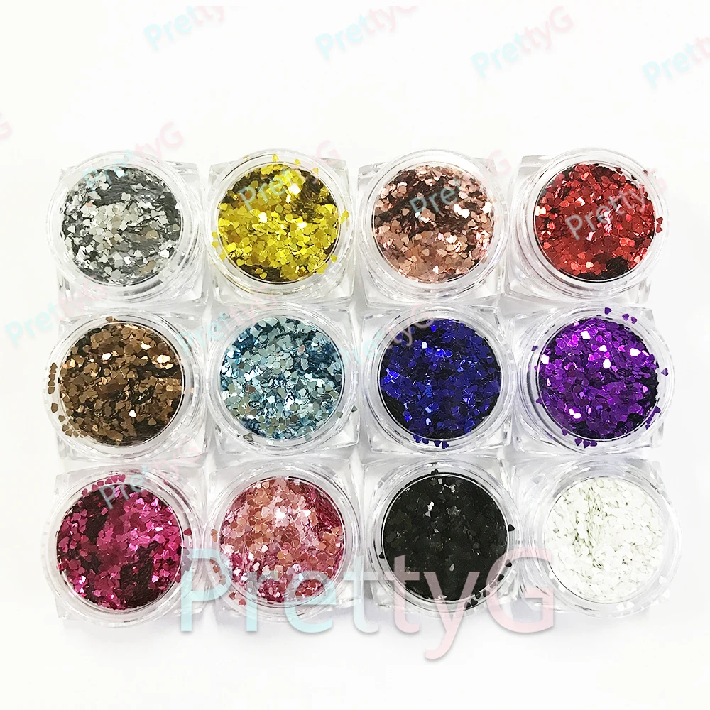 PrettyG 1 Box M0-1mm Mini Hearts Meatllic Glitter Shapes Nails Sequins Iridescent Glitter Supplies For DIY Nail Decoration