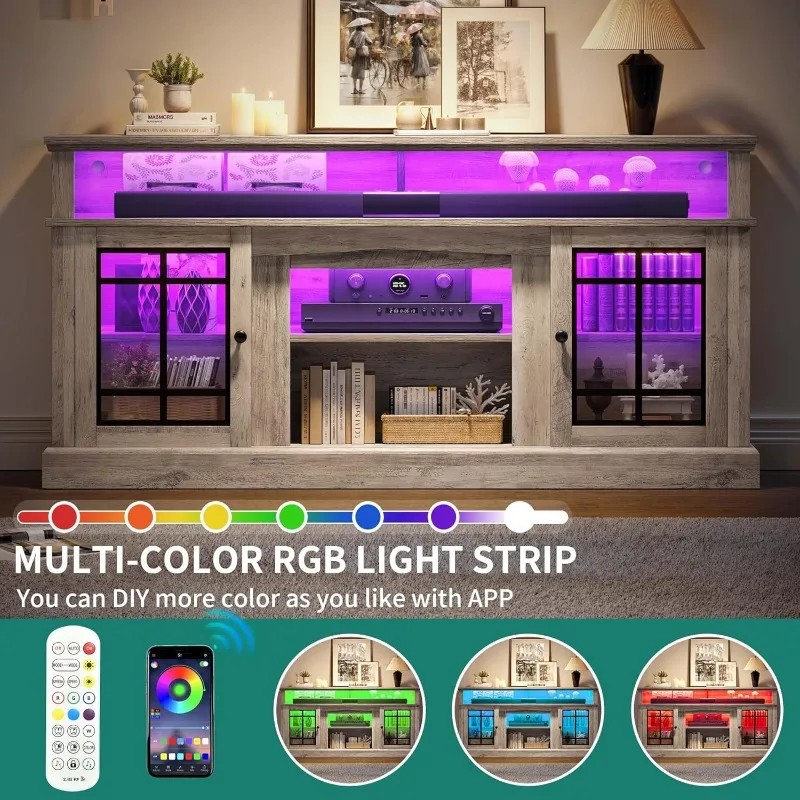 حامل تلفزيون حديث لتلفزيون 75 بوصة، مركز ترفيه LED مع أرفف قابلة للتعديل وأبواب زجاجية، تلفزيون بطول 32 بوصة