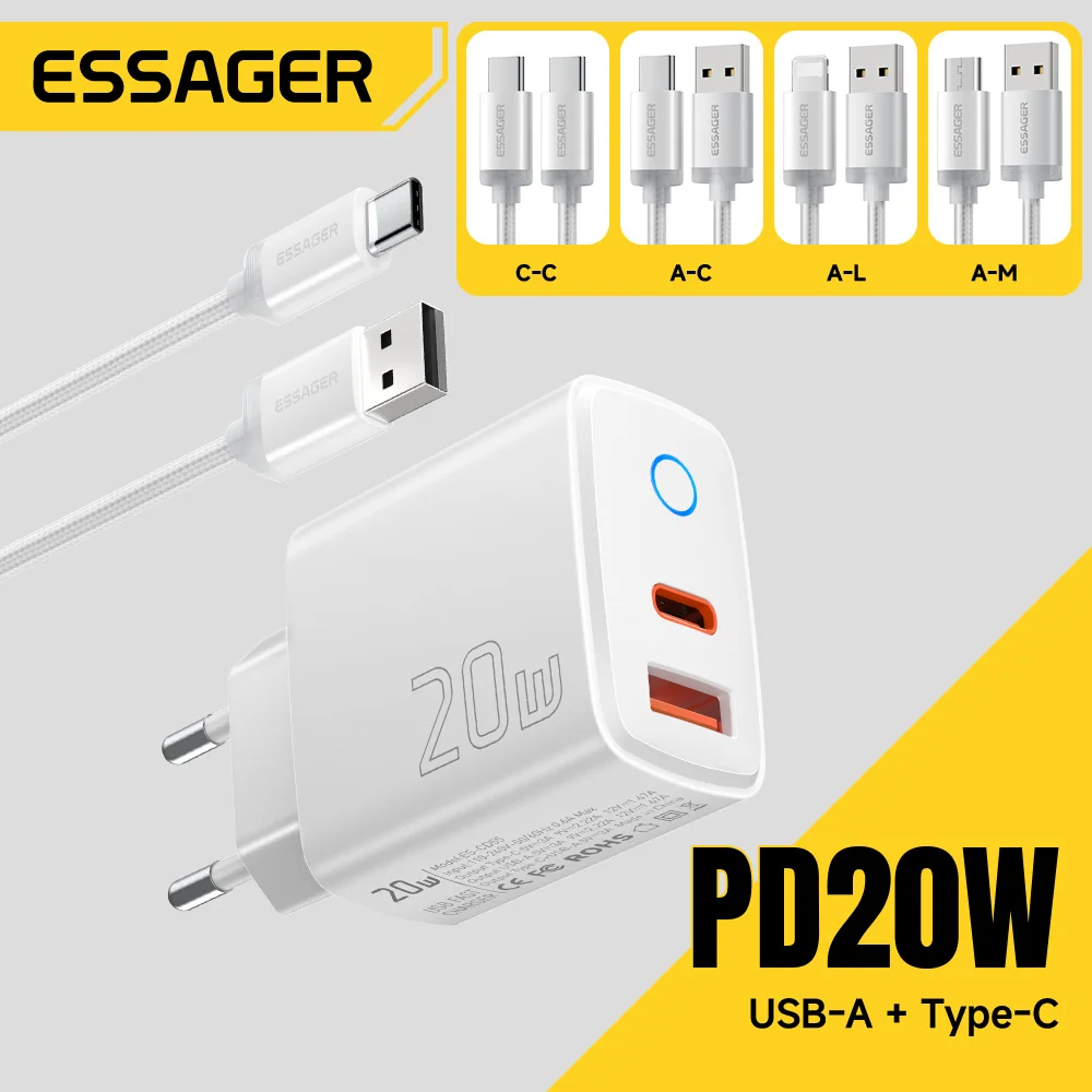 Essager 20W USB Type C Charger EU US Plug Fast Charger For iPhone 17 16 15 USB-C Quick Charger Type-C Lighting Micro Cable Kit