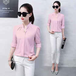 Autumn Spring Fashion Sexy V-Neck Shirt Women OL Formal Long Sleeve Chiffon Blouse M-2XL