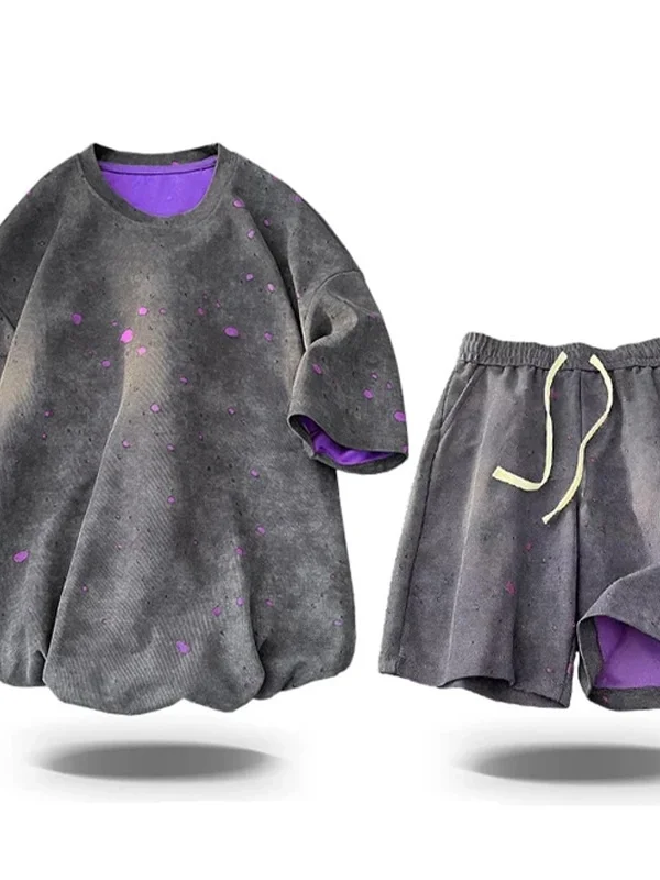 

American Retro Tie Dye Casual Set Men's High Sense Hole ort Sve T-irt Summer orts Two Piece Set Youth Cotton Polyester