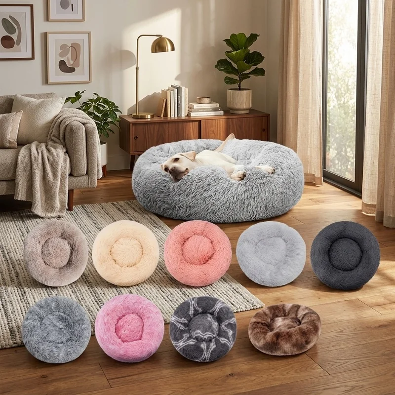 Round Plush Dog Bed Winter Warm Cat Bed Washable Pet Sofa Basket Bed for Small Medium Large Dogs Cats