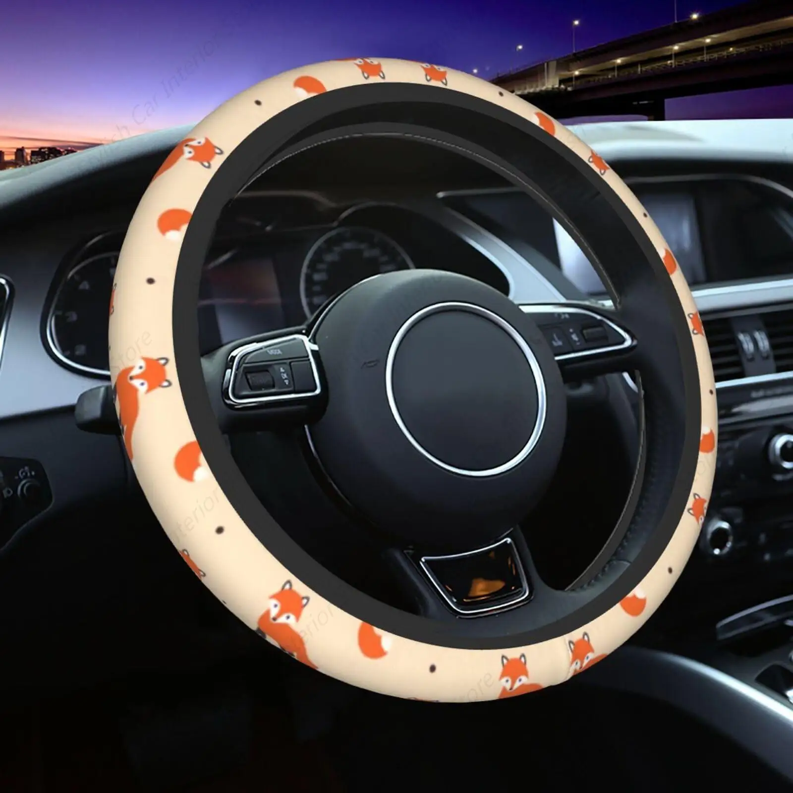 Vintage Cute Little Red Fox Steering Wheel Cover,Warm in Winter and Cool in Summer,15 in Universal Accessory for Diverse Car