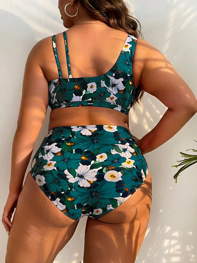 2023 Plus Large Size Ruffle Bikini Floral Swimwear Women Trim Tie Front Swimsuit Female High Waist Swimming Bathing Swim Suit