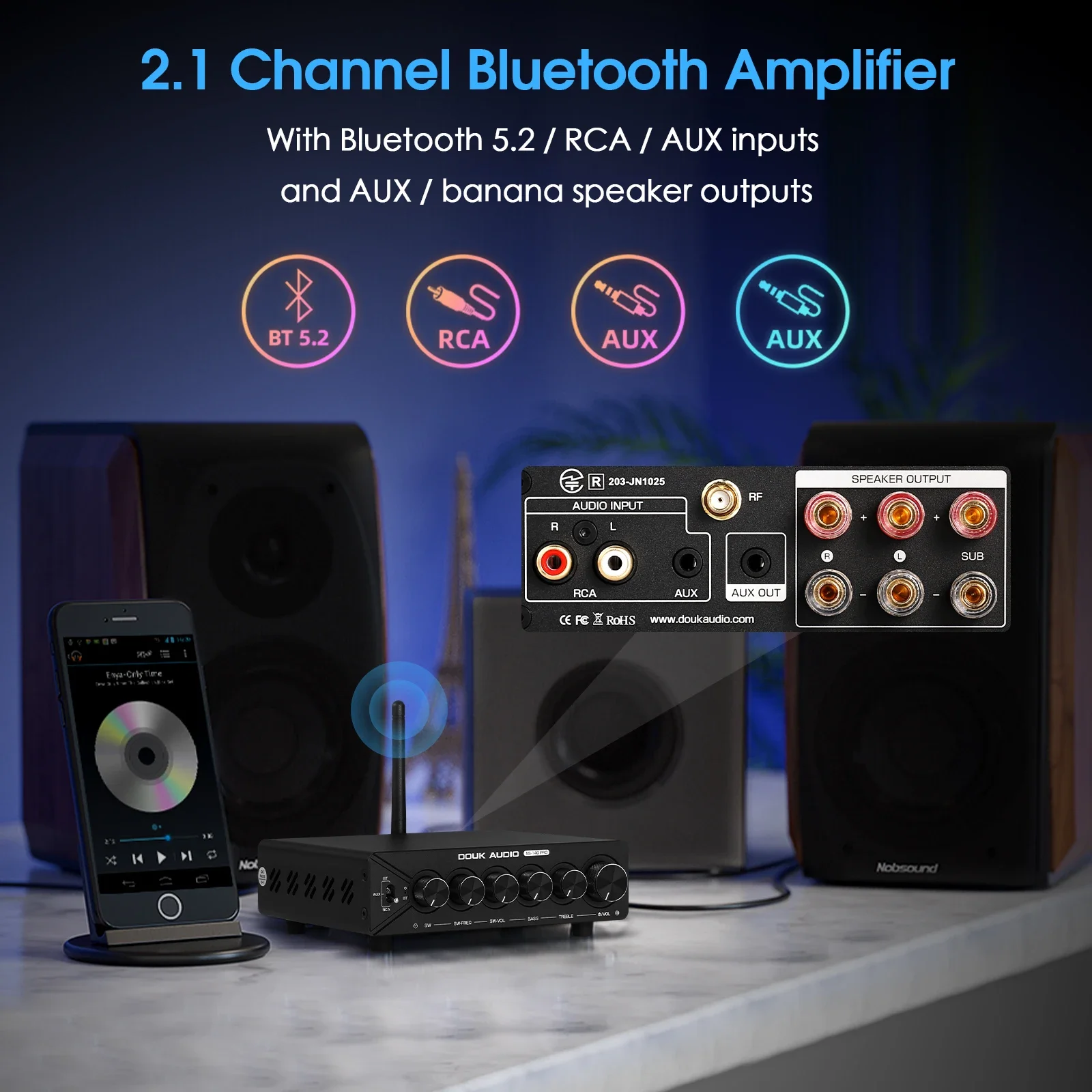 Douk Audio NS-14G-PRO HiFi 2.1 canais Bluetooth TPA3255 Amplificador digital Subwoofer Amplificador de potência de áudio estéreo 300W