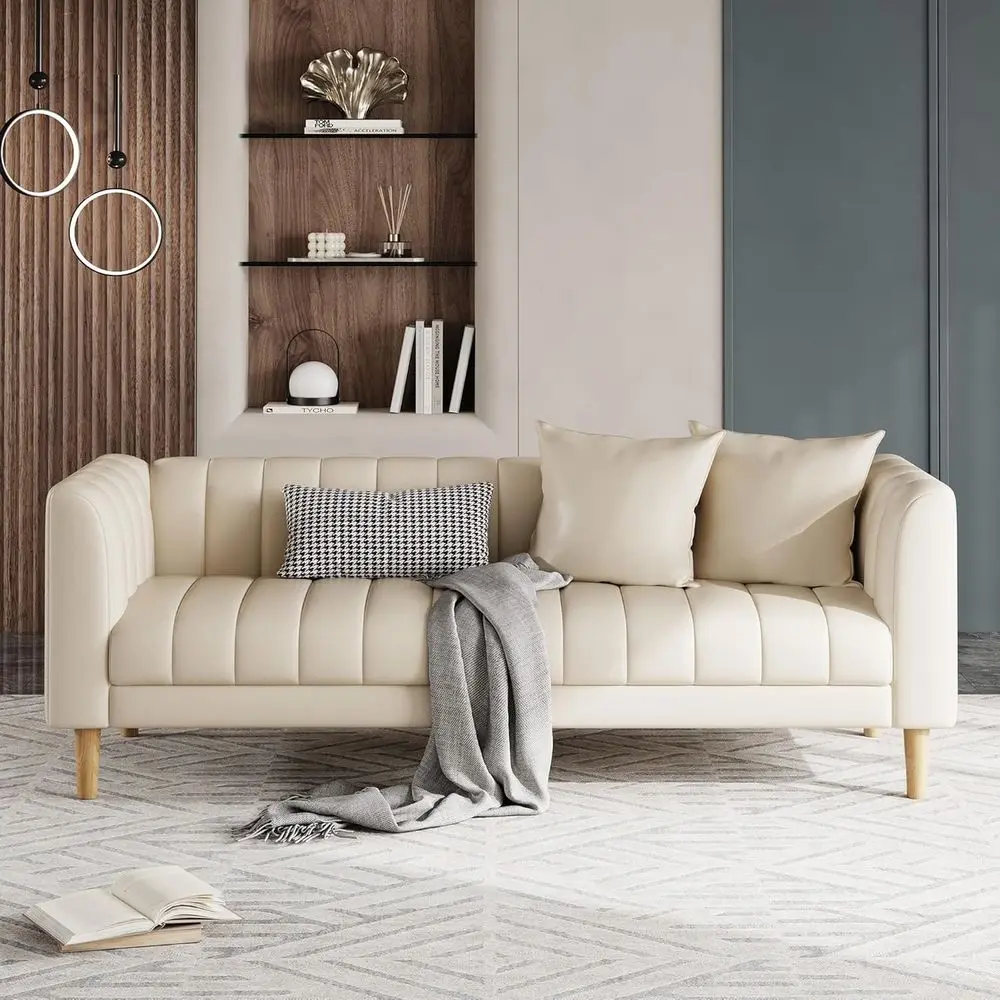 

3-Seater Beige Leather Sofa with 2 Pillows, Deep Seat, Easy Assembly, Suitable for Living Room and Bedroom