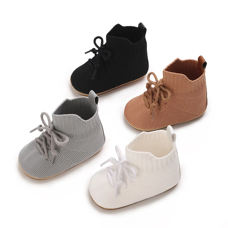 0-18M Baby Fashion Lace Up High Top Knitted Children's Boots With Rubber Soles For Anti Slip and Comfortable Crib Shoes For Gift