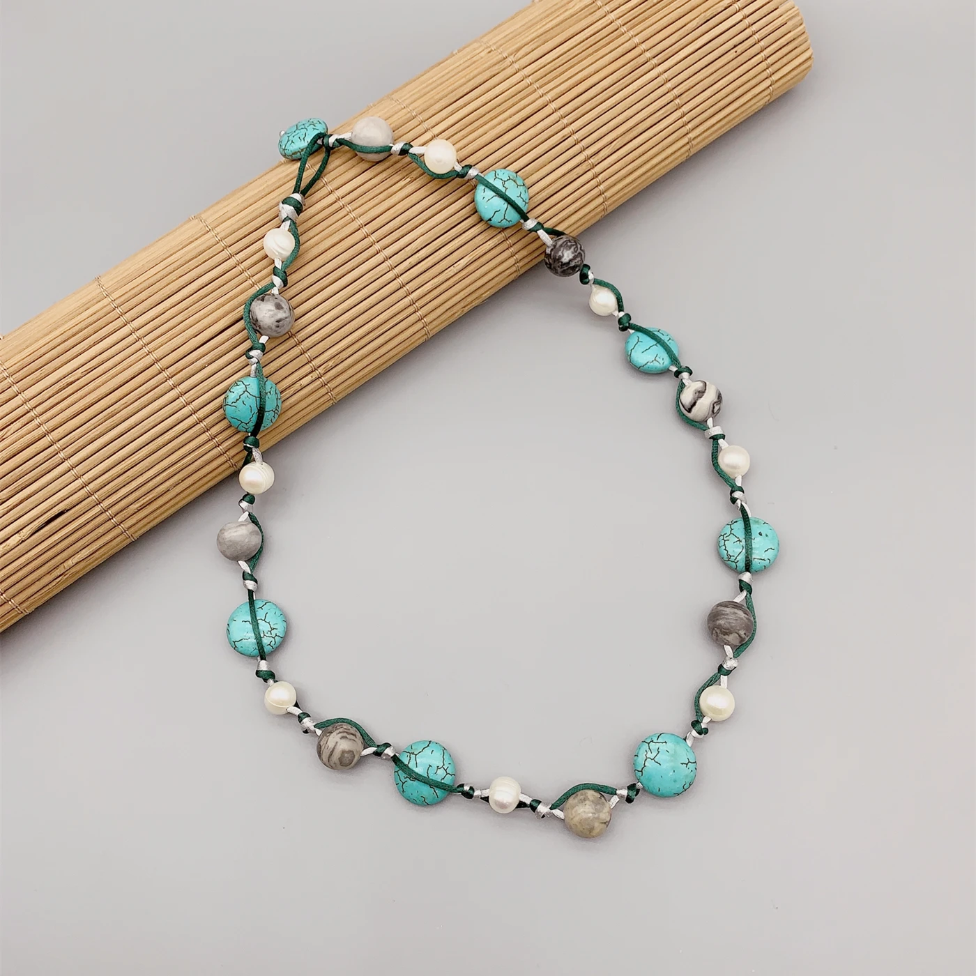 

FoLisaUnique 10mm Gray Picasso Jasper Stone Turquoise Necklace 8-9mm White Pearl Silk Cord Rope Trendy Choker