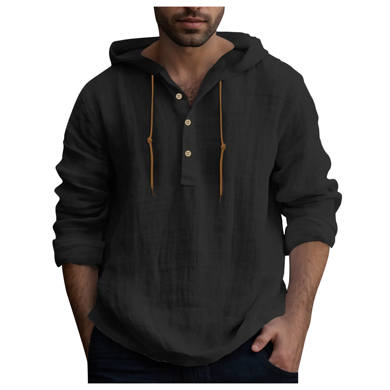 Mens Solid Simple Shirt Casual Button Hooded Shirt Tops Hooded Tops Mens Long Sleeve Shirts Men\'s Drawstring Tie Hooded Shirts