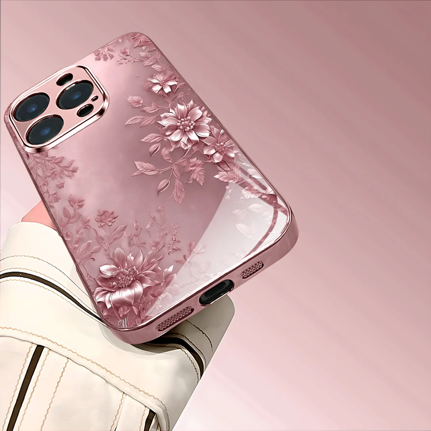 Romantic and beautiful Flower pattern pink Electroplated Glass Phone case, suitable for iPhone 17, 16, 15, 14, 13, 12, 11, etc.