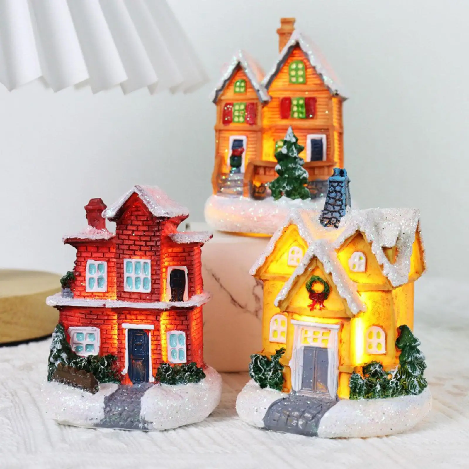 LED Lighted Houses Village Christmas Figurine Collection Winter Snow Miniature Statues Artwork for Bedroom Desk Xmas Decoration