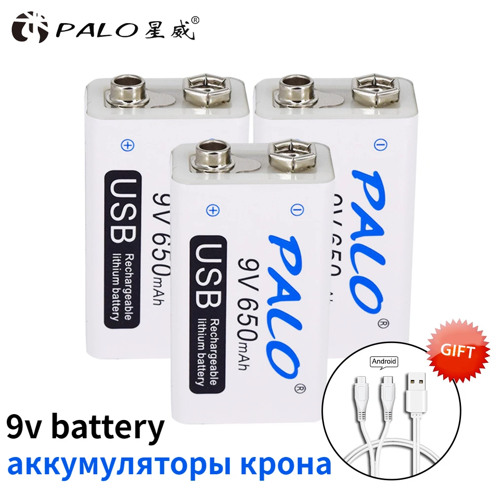 PALO 9V USB Lithium Battery 650mAh 6F22 Li-Ion Rechargeable Batteria 9 Volts for Toys Massagers Multimeters Guitar