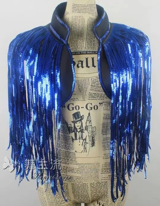 Blue Gold Tassels Sequins Vest Waistcoat Costumes Singer Dancer Stage Wear Christmas Bar Party Fringes Armors Sliver Rose Red