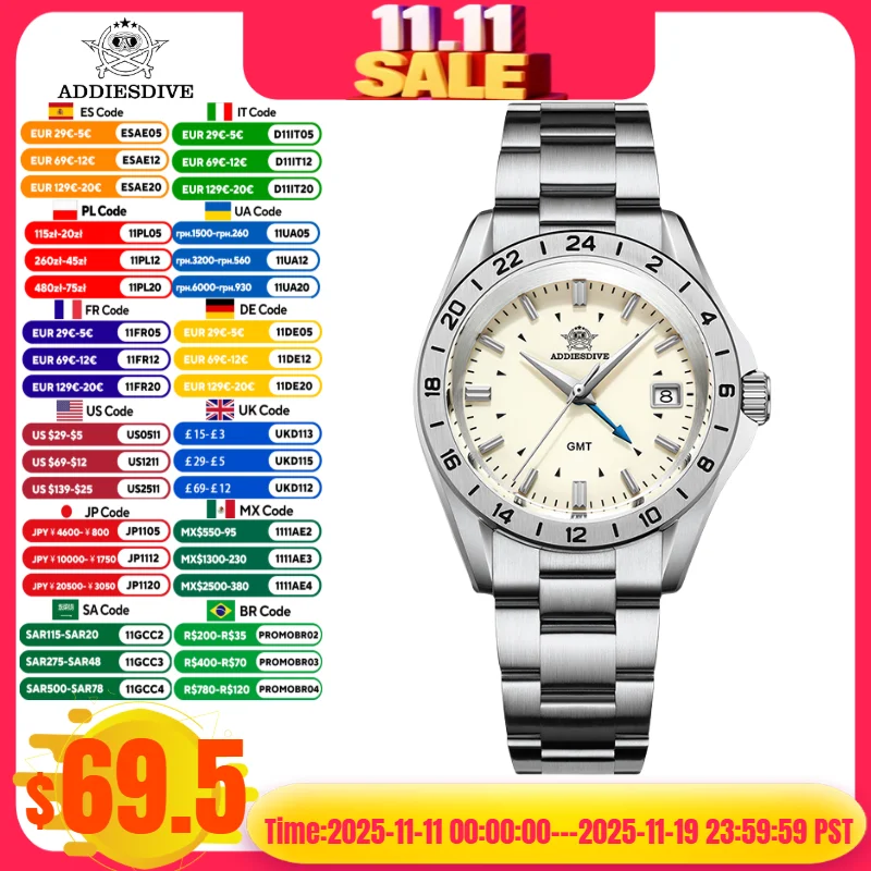 ADDIESDIVE Men Watches BGW9 Super Sapphire Glass GMT Watch 20Bar Waterproof 316L Stainless Steel Calendar Quartz Watches Reloj