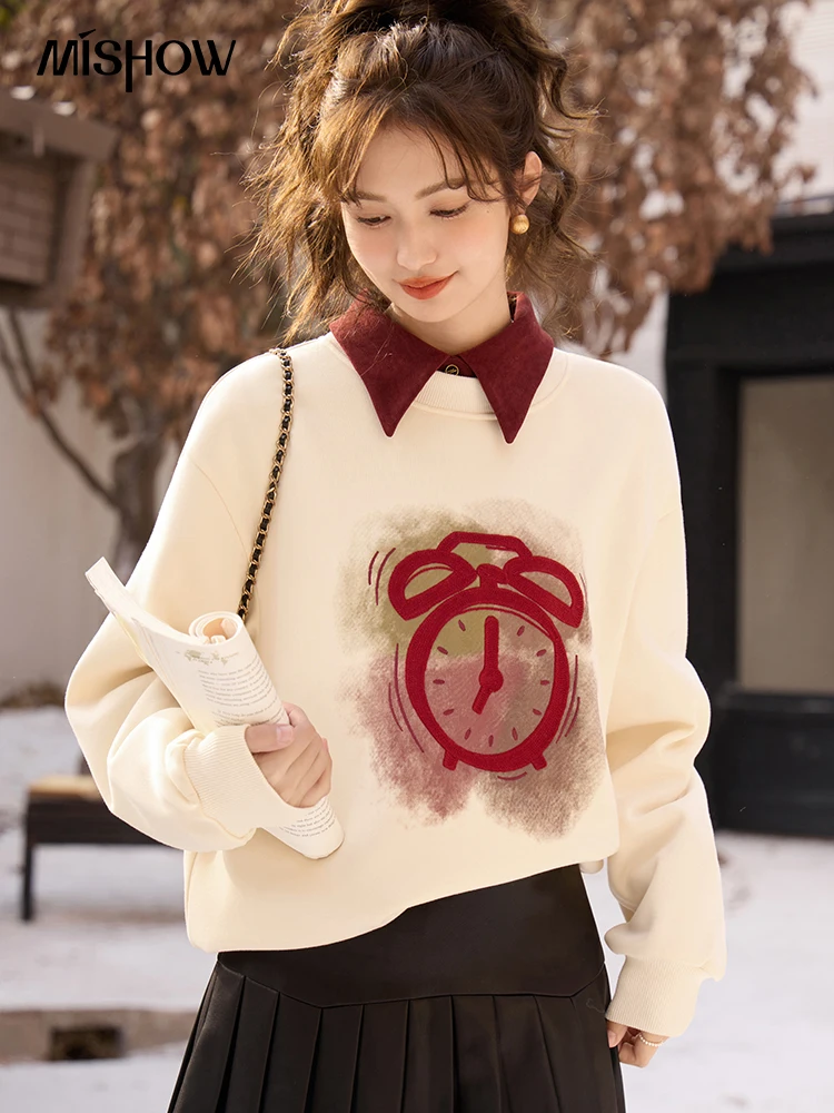 

MISHOW Fleece Crewneck Sweatshirt Women Autumn Winter Oversized Pullover Loose Sweatshirts Alarm Clock Print Lady Top MXC58V0078