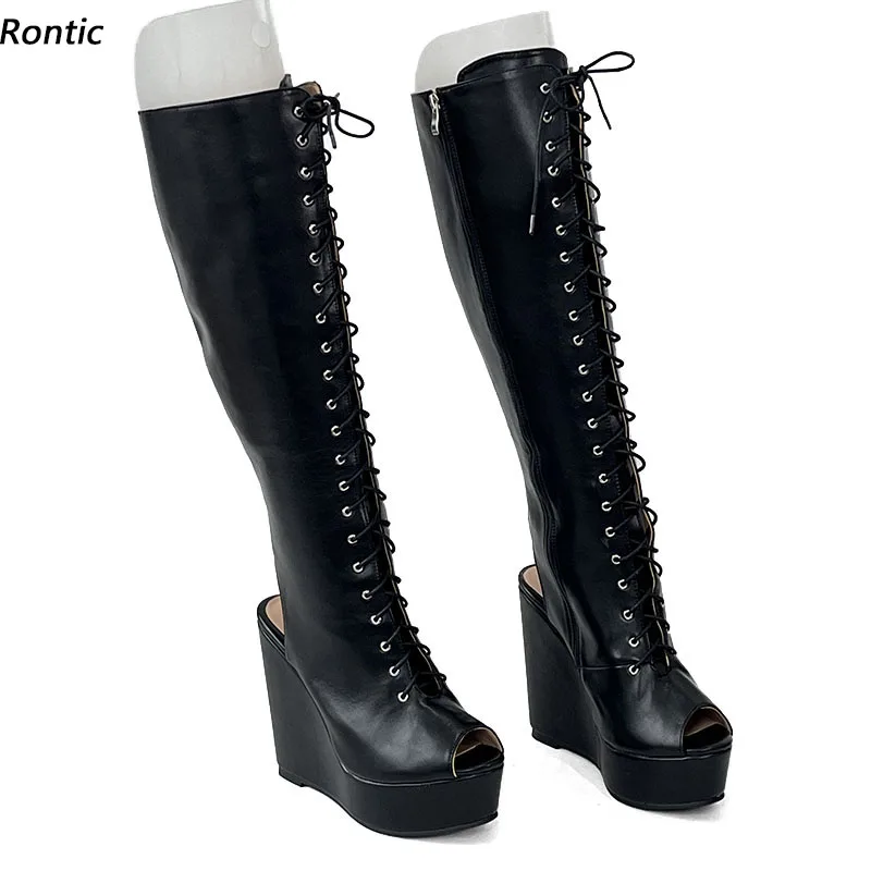 

Rontic Handmade Women Spring Knee Boots Stiff Faux Leather Wedges Heels Peep Toe Classic Black Dress Shoes Ladies US Size 5-20