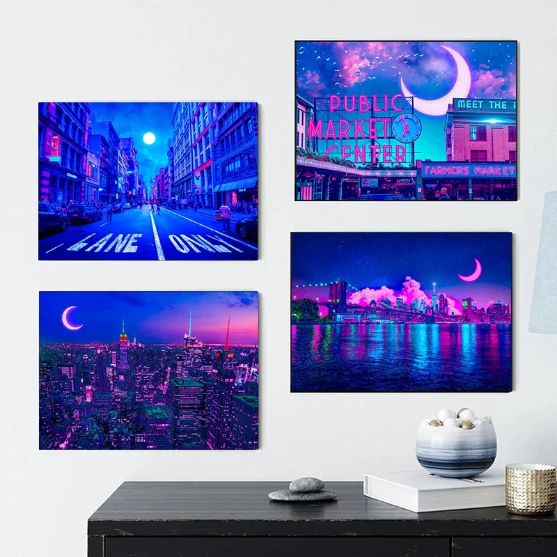 Night City Street Midnight Matsuri Pink Painting Pop New York City Moon Light Wall Art Home Kawaii Room Decor Canvas Poster