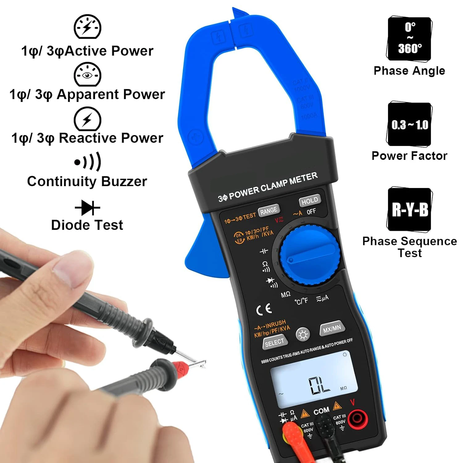 BT-580P 3fáze true-rms energie skoba multimetr s 9999 počítá, AC/DC elektrické napětí & amperage, KW/HP, energie činitel, KVA/VAR, 