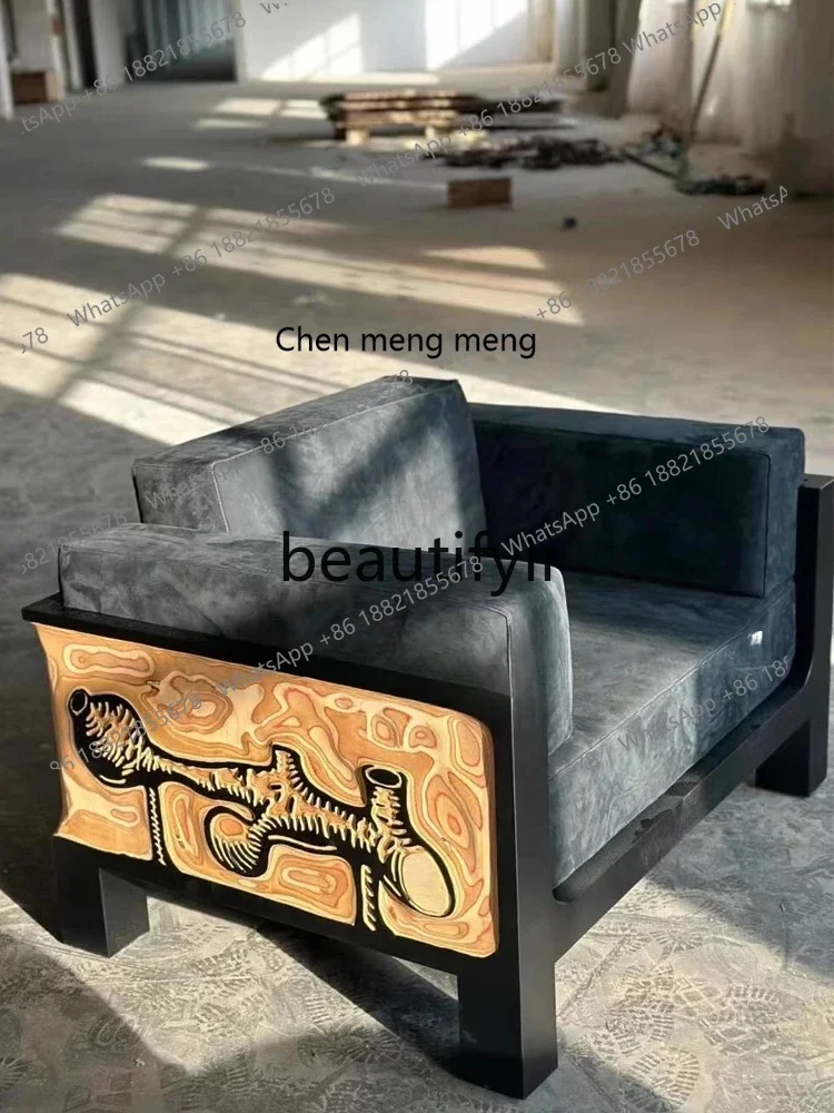 

SS Medieval wabi-sabi wind carved single sofa retro creative engraving decorative pattern casual sofa chair7304