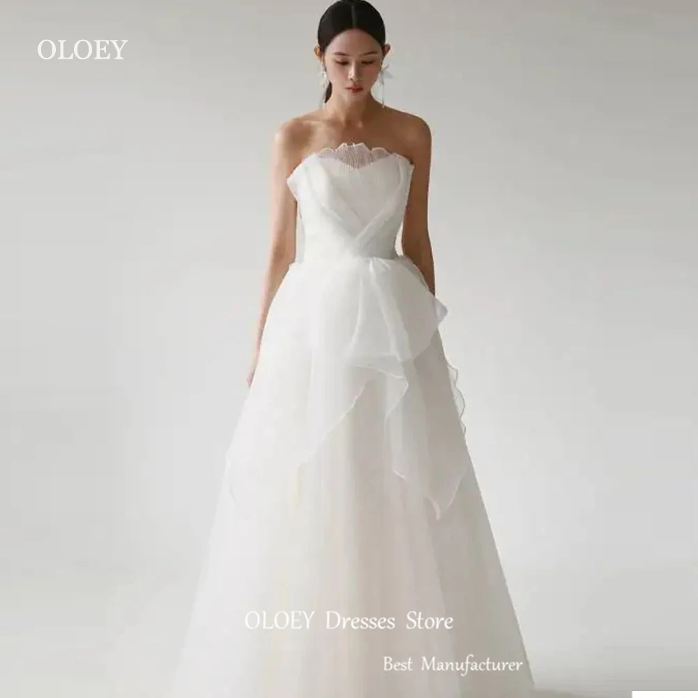 OLOEY elegante una linea abiti da sposa corea servizio fotografico senza spalline morbido Tulle lunghezza del pavimento principessa abiti da sposa corsetto indietro