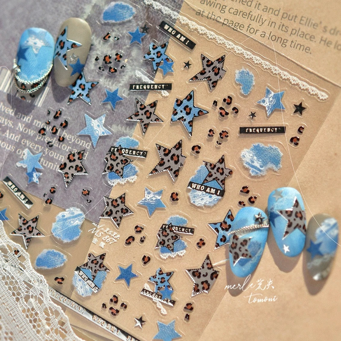 Estampado de leopardo tela vaquera azul pentagrama estrella lunares Bowknot amor corazón Y2K Punk encanto DIY pegatinas para decoración de uñas calcomanías de manicura