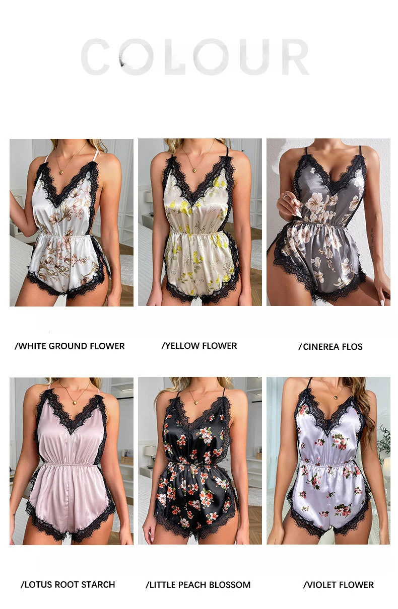 Sexy Damenbekleidung für Erwachsene, Versuchung, Leibchen, Shorts, Pyjama, einteiliges Nachthemd aus Eisseide, einfarbig, V-Ausschnitt, Loungewear – Detail 2