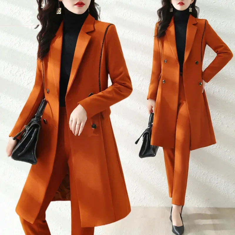 

Winter Women Work Business Wear Pant Suit Ladies Orange Black Double Breasted Long Blazer Jacket Trouser Formal 2 Piece Set 4XL