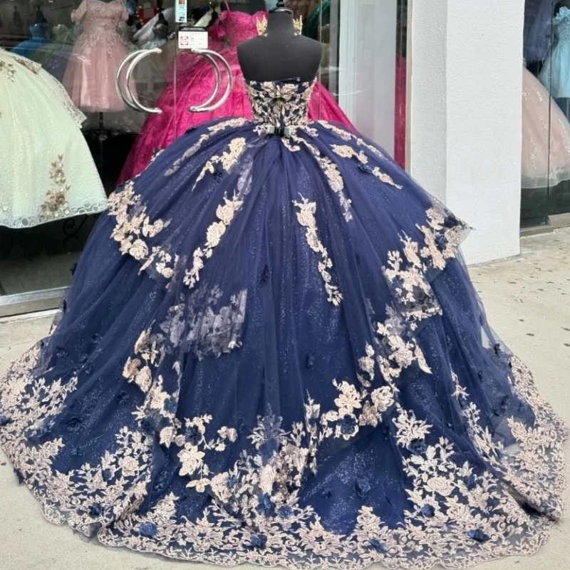 

Real Picture Navy Blue Women Birthday Party Occasion Wear Dance Queen Off Shoulder Lace Applique Puffy Sweet 15 16 Quinceanera