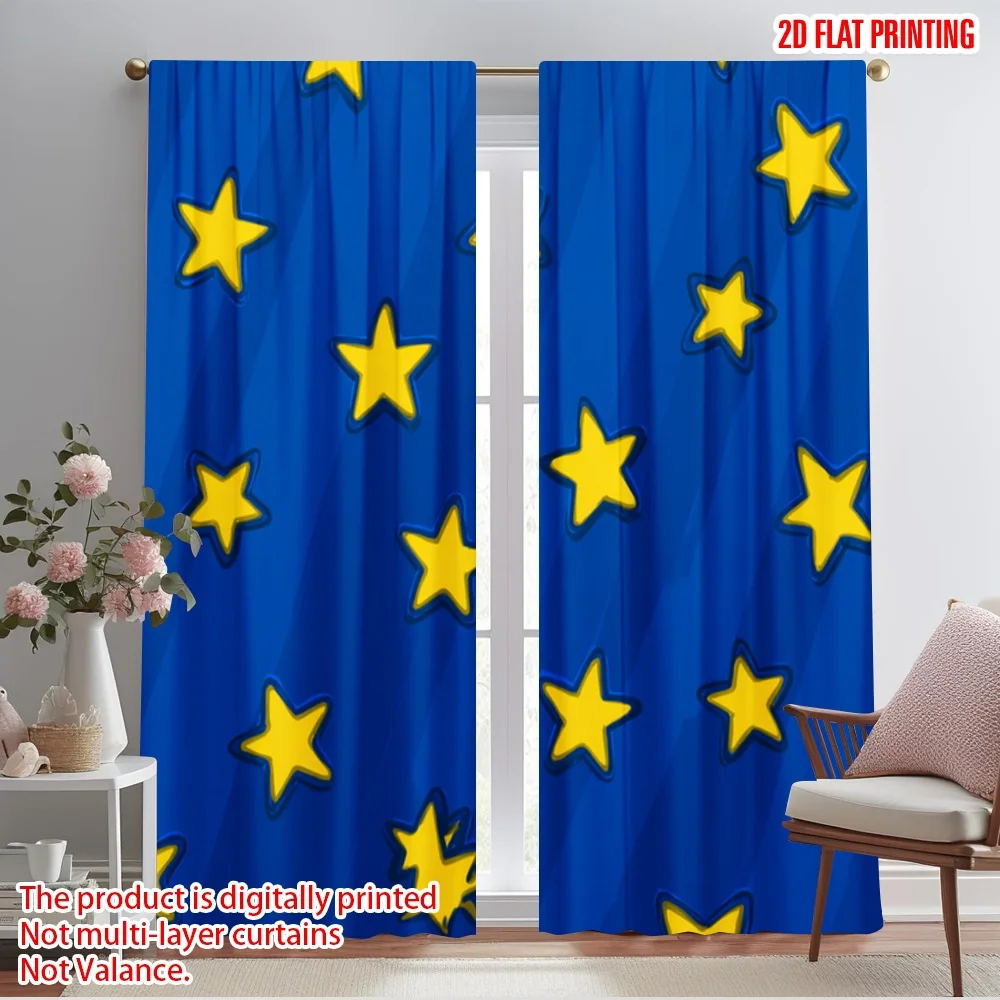 

2pcs 2D flat printing Drapes Blue Yellow Stars 100% Polyester Without Electricity 0 for Festive Portraits and Party Decorations