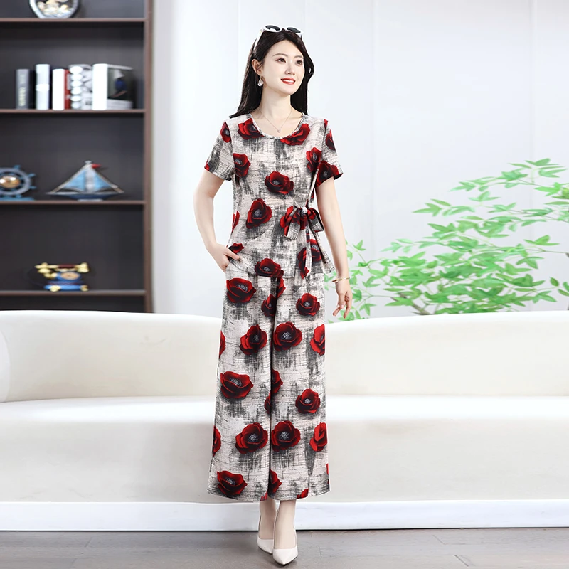 Vêtements pour femmes, coupe ample, costume imprimé complet, ensemble deux pièces, chemise imprimée et pantalon à jambes larges pour femmes d'âge moyen, ensembles 2 pièces