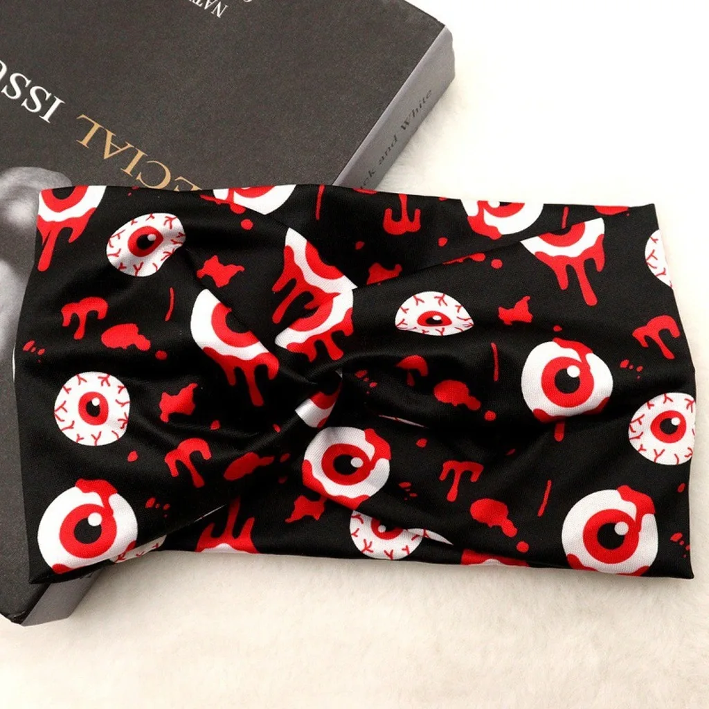 Halloween Headband for Women Wide Twisted Elastic Hairband Gothic Bat Skull Print Spooky Party Hair Accessories