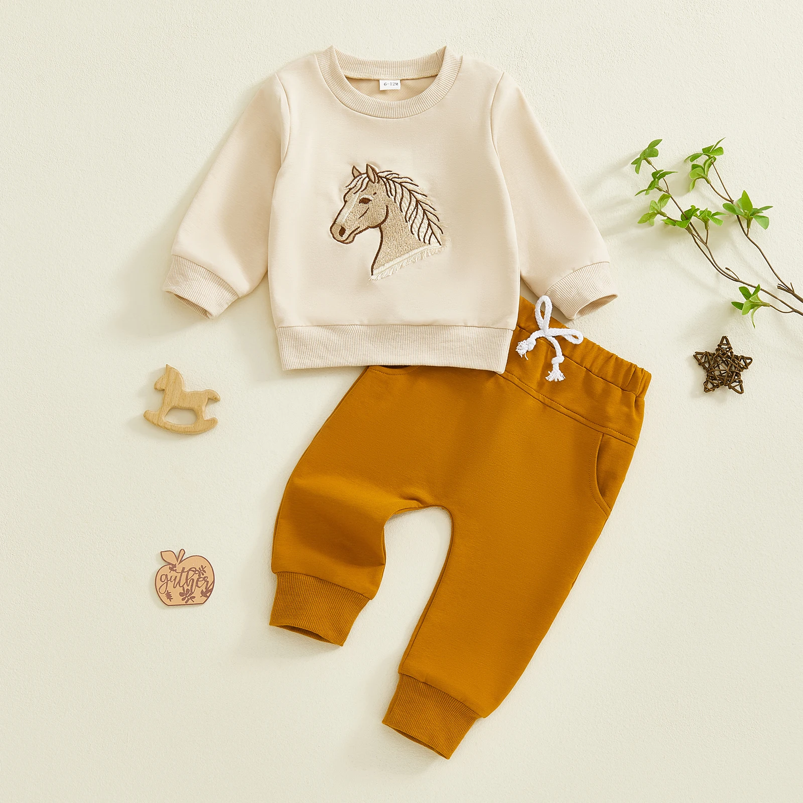 

Toddler Clothes Baby Boys Clothing Tracksuit Long Sleeve Horse Head Embroidery Pullover Pants Set 2Pcs Christmas Outfits