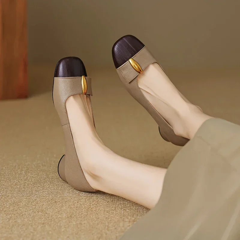 

Fashion Versatile Full Sheepskin New Leather Shallow Mouth Single Shoes Women's One-pedal Medium Heel Thick Heel Leather Shoes